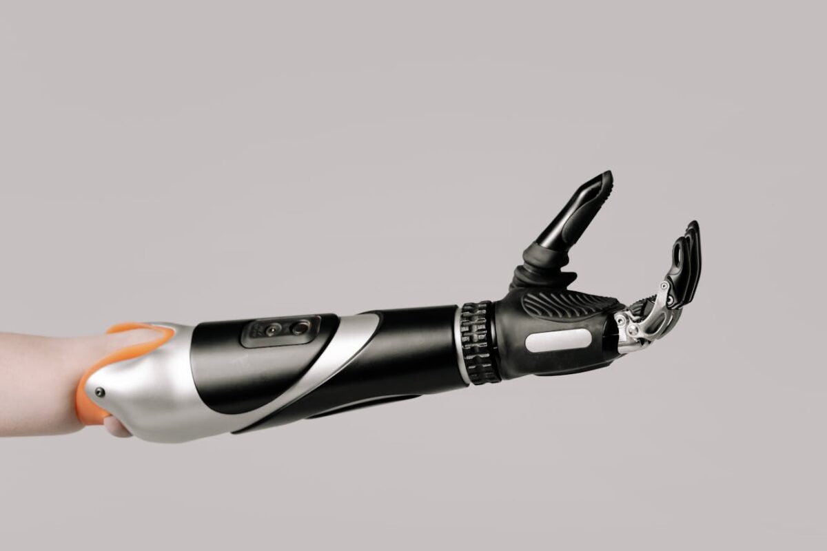 Close-up of a modern prosthetic arm displaying advanced technology and design.